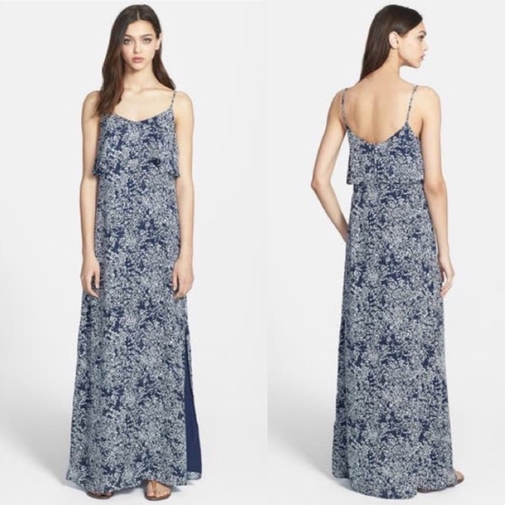 Joie 'Hydeia' Tiered Silk Maxi Dress Navy Blue and White Floral Leg Slit Silk XS